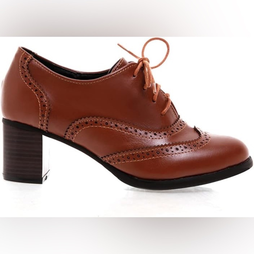 Cottage core wingtip lace up mid heel pumps